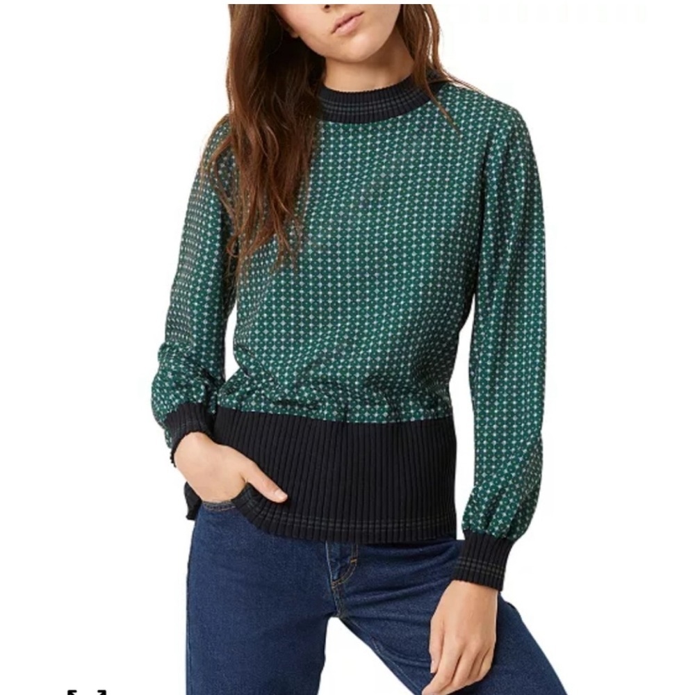 French Connection Green Patterned Long Sleeve Blouse with Navy Trim
